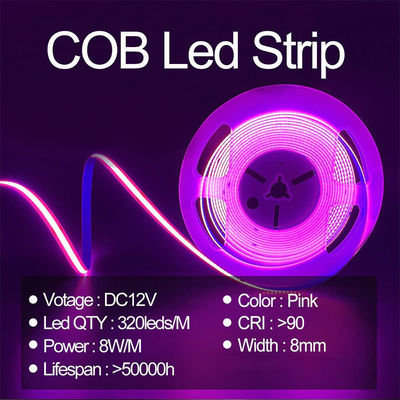 Alta luminosidad COB Led Strip Light CE RoHs IP20 Ra90 8mm ancho 12V 24V 320Leds rosa