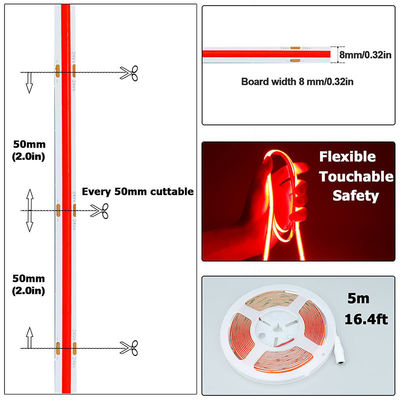 COB LED Strip Light IP20 8mm 12V24V 480leds Rojo para decoración interior y exterior