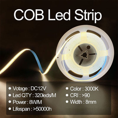 8 mm de ancho 12V 24V 3000K cálido COB LED Strip Light CE RoHs IP20 con 50000 horas de vida útil