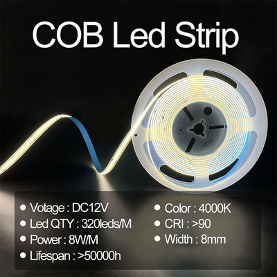 Luz de banda LED de alta luminosidad COB CE RoHs IP20 8mm ancho 12V 24V 4000K