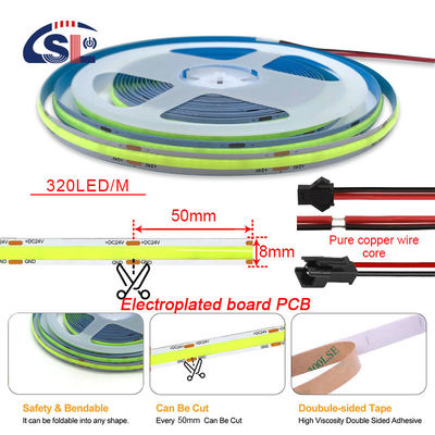 Luz de banda verde flexible e impermeable de alta densidad COB LED CE RoHs IP20 Ra90 8 mm de ancho 12V24V 320Leds