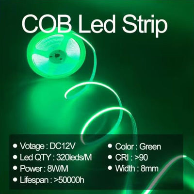 Luz de banda verde flexible e impermeable de alta densidad COB LED CE RoHs IP20 Ra90 8 mm de ancho 12V24V 320Leds