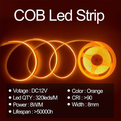 IP20 12V 24V Flexible COB Luz de banda LED 8mm 320Leds Luz de banda naranja a prueba de agua 3