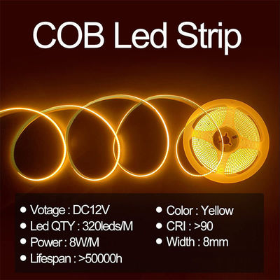 Hotel House COB LED Strip Light CE RoHs IP20 Ra90 8mm ancho 12V 24V amarillo dorado