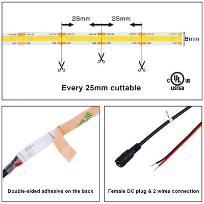 DC 12V24V 8mm10mm Ancho 320Leds 6500K Blanco Alto Brillo Flexible COB Led Strip Light para la cocina y el salón