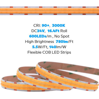 2- DC12V24V 8mm 320Leds 3000K cálido COB Led Strip Light para el gabinete de la decoración de la cocina de la iluminación del dormitorio