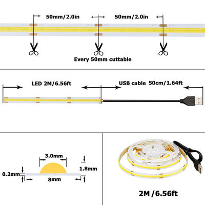 5v 320leds 8mm 6500K White COB Led Strip Light para la iluminación del hogar por control del interruptor