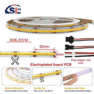 Electroplate COB 24v COB 608Ds 8mm Ra 85 LED Light Strip 3000K-6500K Ideal para el uso residencial