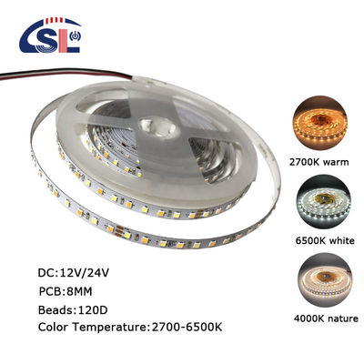 CCT Alta luminosidad 8mm 120LEDs 3000K-6500K Dual Color SMD2835 Luz de banda LED con 3-