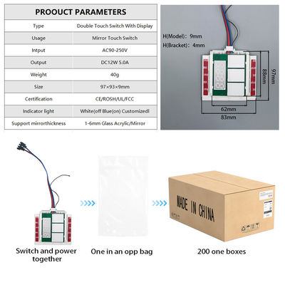 DC12V 5A 60W Pantalla de temperatura del tiempo Desembarazador luz LED espejo sensor táctil interruptor de atenuación sin pasos