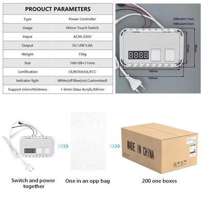 DC12V 5A 60W Sensor táctil de un solo color Conmutador LED Espejo táctil con pantalla de temperatura de tiempo