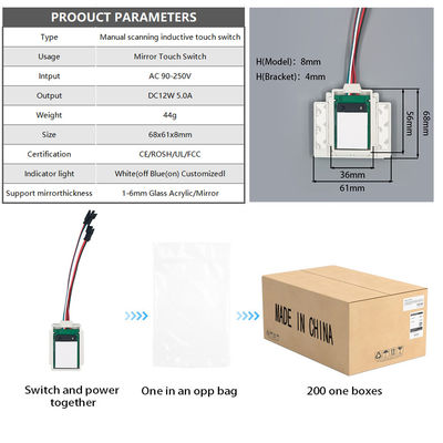 Interruptor de sensores con clasificación IP24 para espejos inteligentes Escanear manualmente 3-5cm Rango de detección DC12V