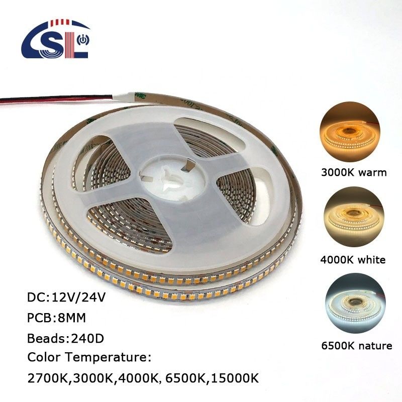 Decoración de interiores Luz de banda LED 12v24v 240leds 8mm 2700k 3000k 4000k 6500K Electroplata flexible SMD2835