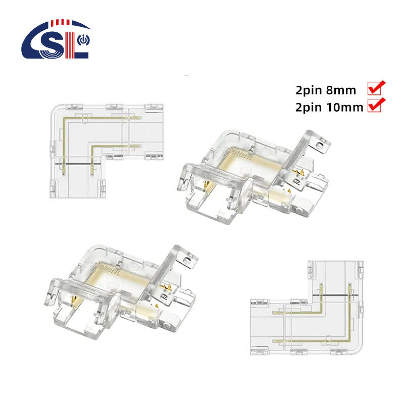 Conector de banda LED transparente de 2 pines de 8 mm y 10 mm de cristal L tipo COB conector de banda LED de forma L conector con ángulo de 90 grados
